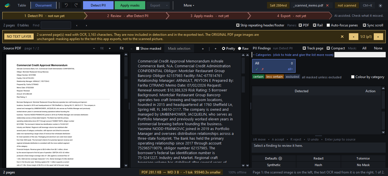 After OCR: a banner reporting two pages read and 3,163 characters recovered, with a page stepper, the scanned image beside the recovered text.