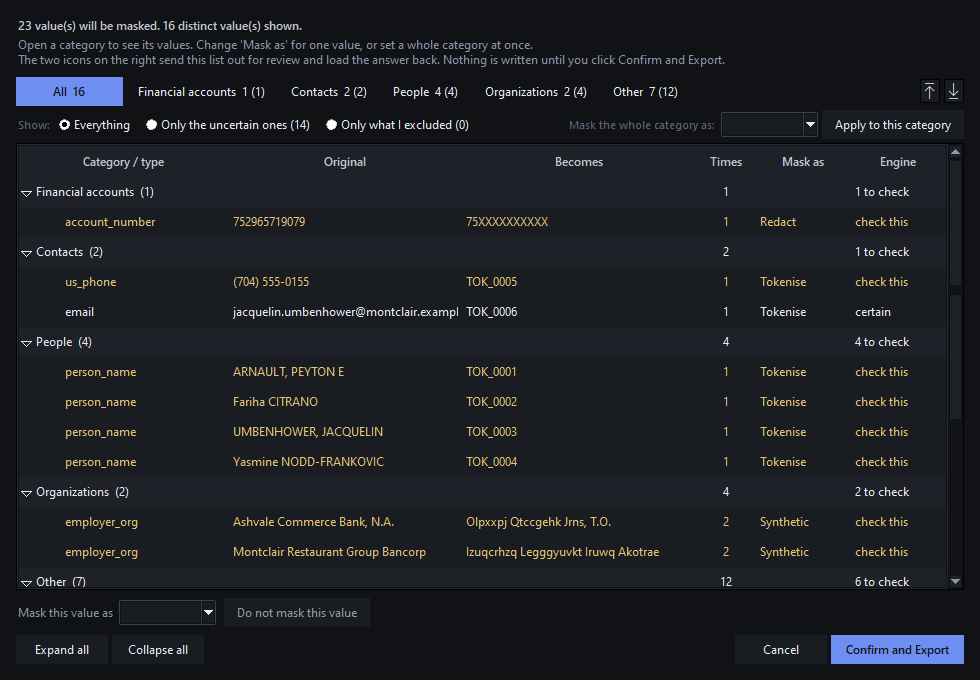 The export confirmation sheet: every value grouped by category, showing the original, what it becomes, how many times it appears, the masking style, and whether the engine was certain.